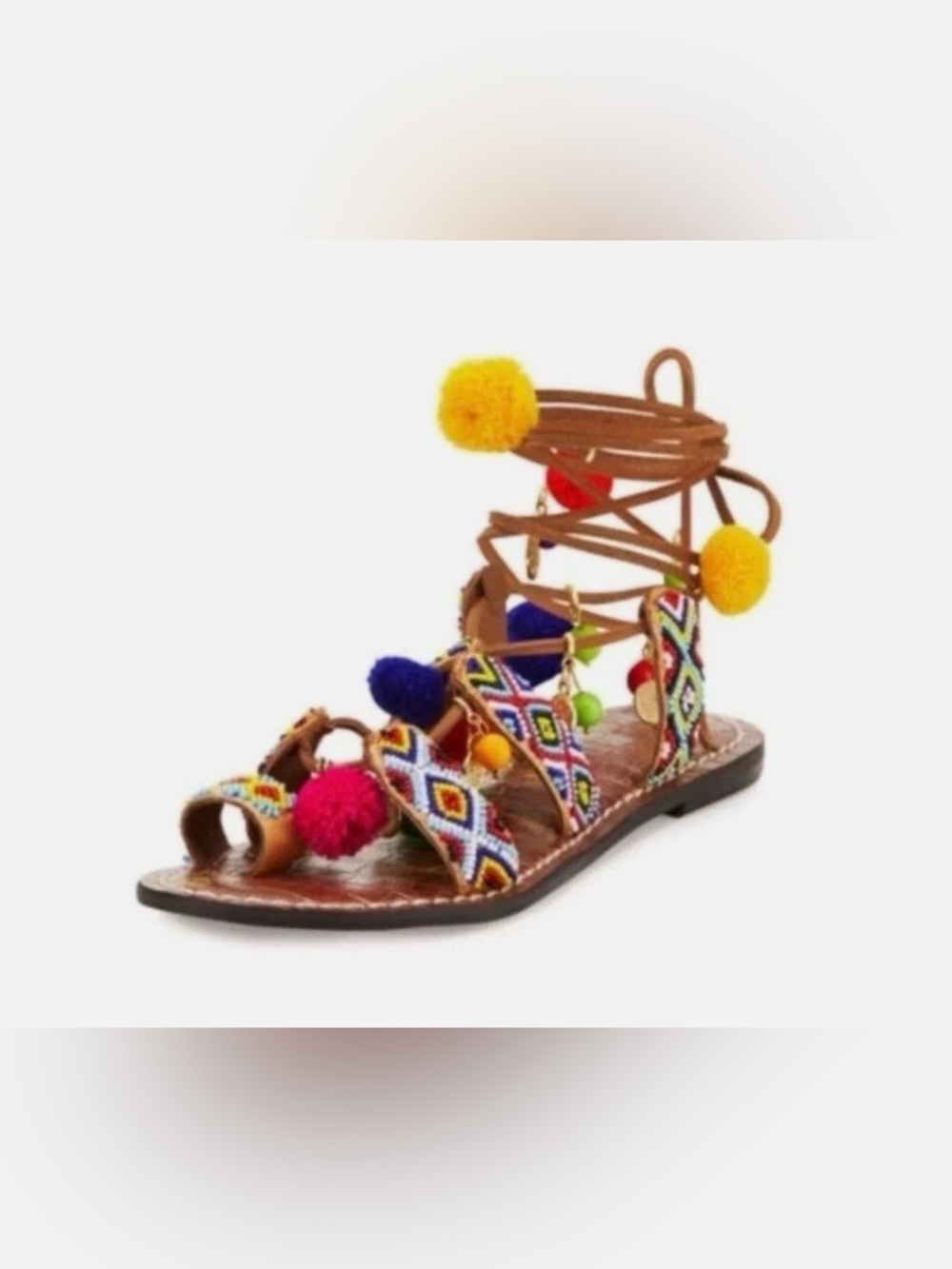 Colorful Beaded Pom Pom Gladiator Sandals